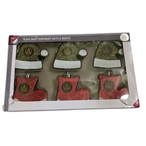 New 6 Atlanta United FC Ornaments 3 Stockings & 3 Santa Hats Boots Shatterproof